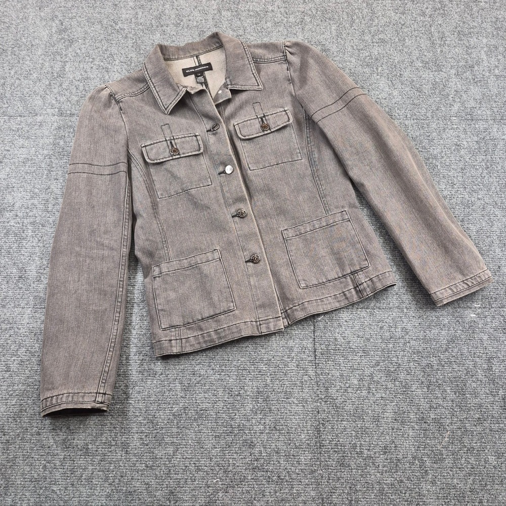 Club Monaco Womens Grey Denim Utility Jacket Puff Shoulder Cinched Back Large